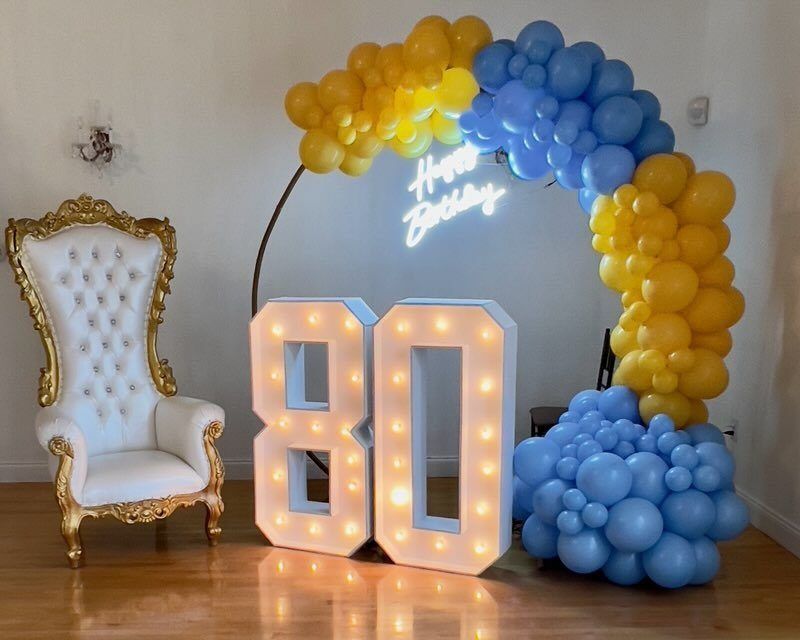80th birthday throne chair, marquee 80 and balloon ring