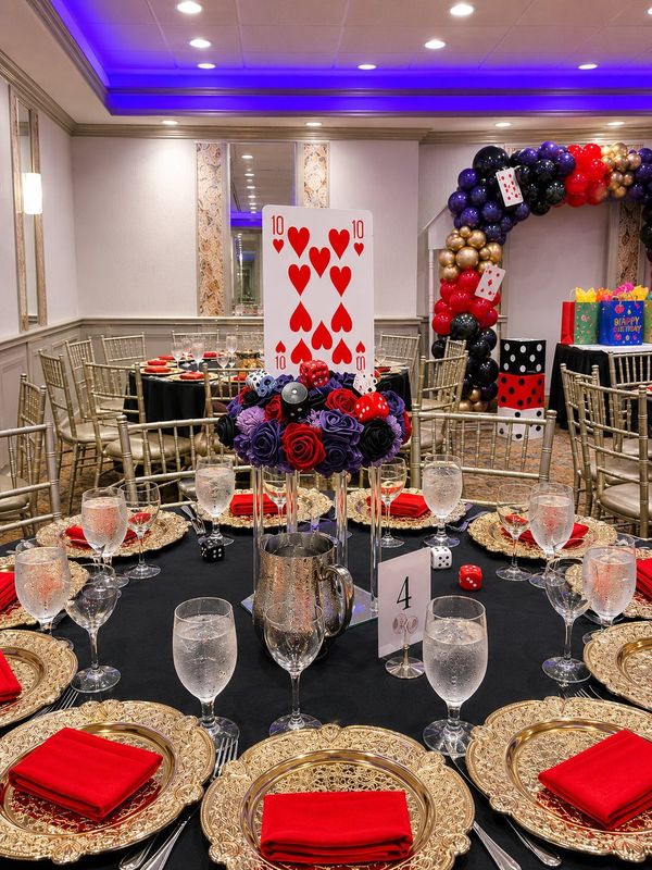 Sweet 16 Poker Lounge table with playing card centerpiece