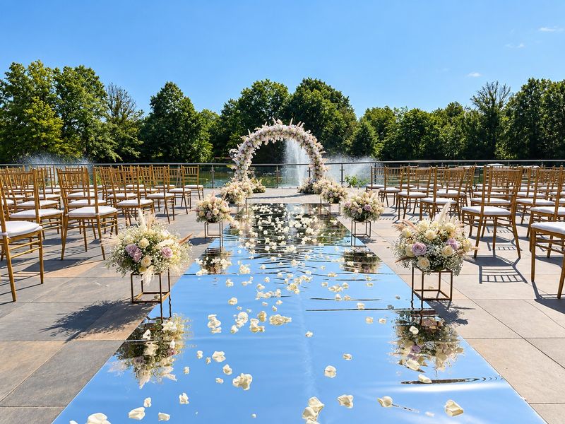 Wedding mirror aisle with florals by the fountain
